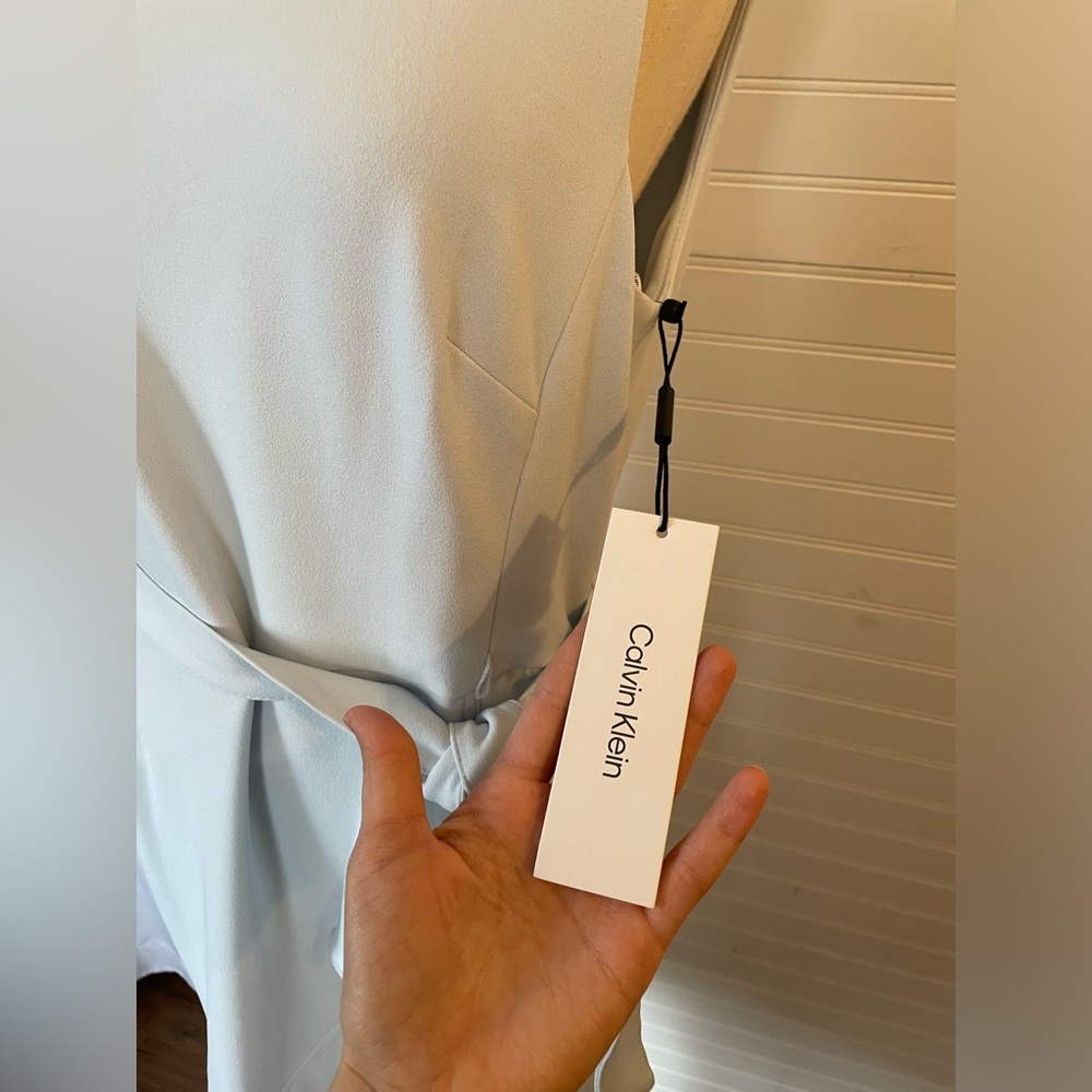 Calvin Klein Light Blue Crepe Ruffle Tulip Hem Faux Wrap Dress NWT Size 10 - Picture 7 of 13